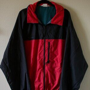 Vintage 90s Columbia Red Black Teal Windbreaker Hooded Rain Jacket